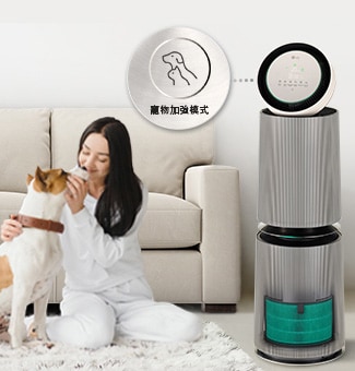 此人與寵物在一起,看起來很開心,而產品的寵物模式正在運作