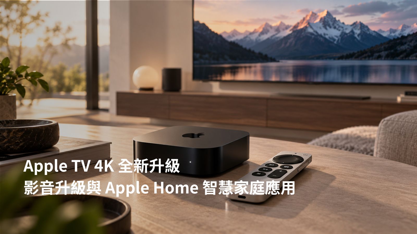 Apple TV 4K 主機與 Siri Remote 擺放在客廳茶几上，背景為電視牆與揚聲器，標示「Apple TV 4K 全新升級 影音升級與 Apple Home 智慧家庭應用」｜賈維斯科技 JARVIS
