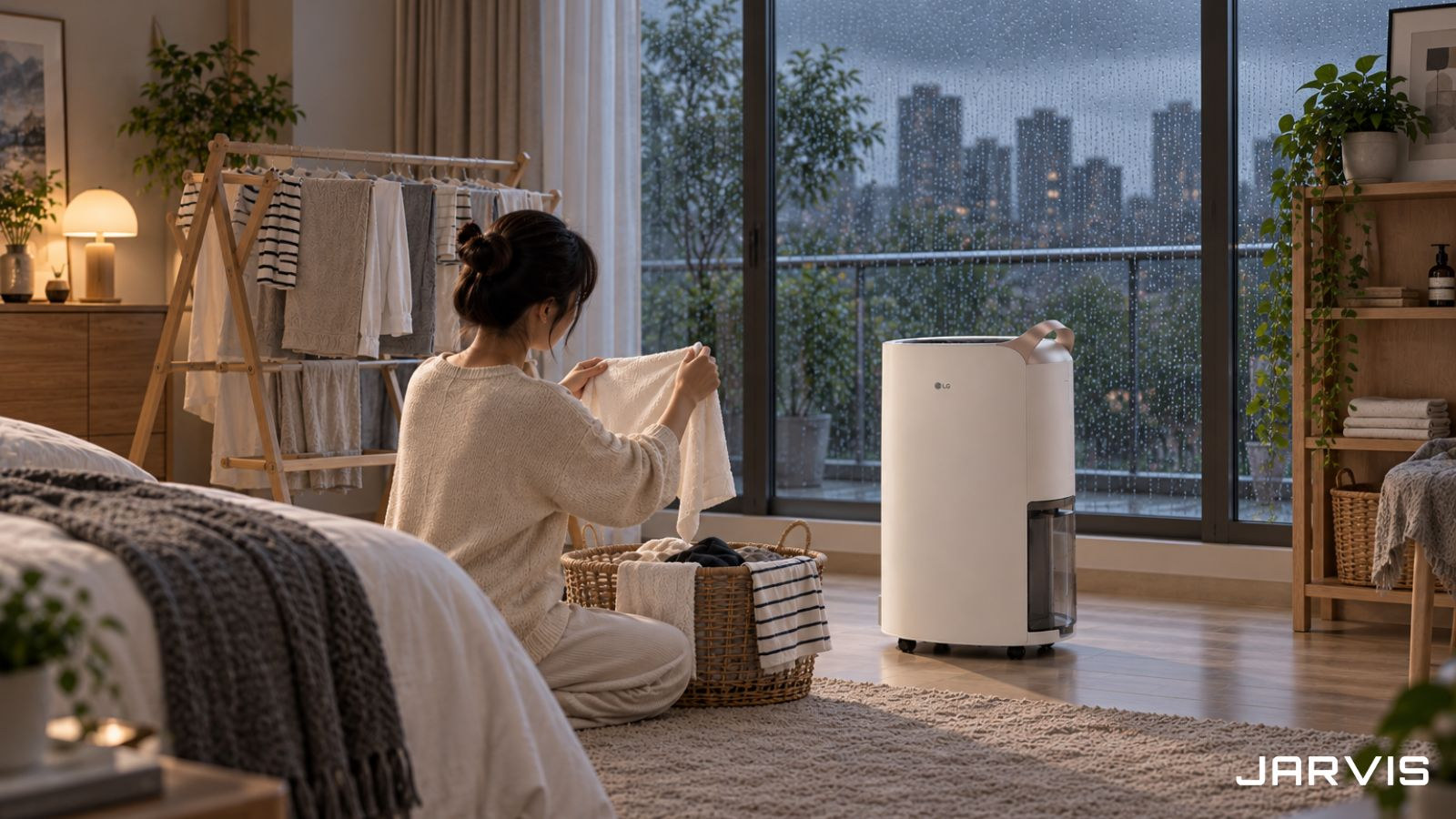 下雨天在臥室中使用 LG PuriCare 雙變頻除濕機協助室內晾衣乾燥|賈維斯科技 JARVIS