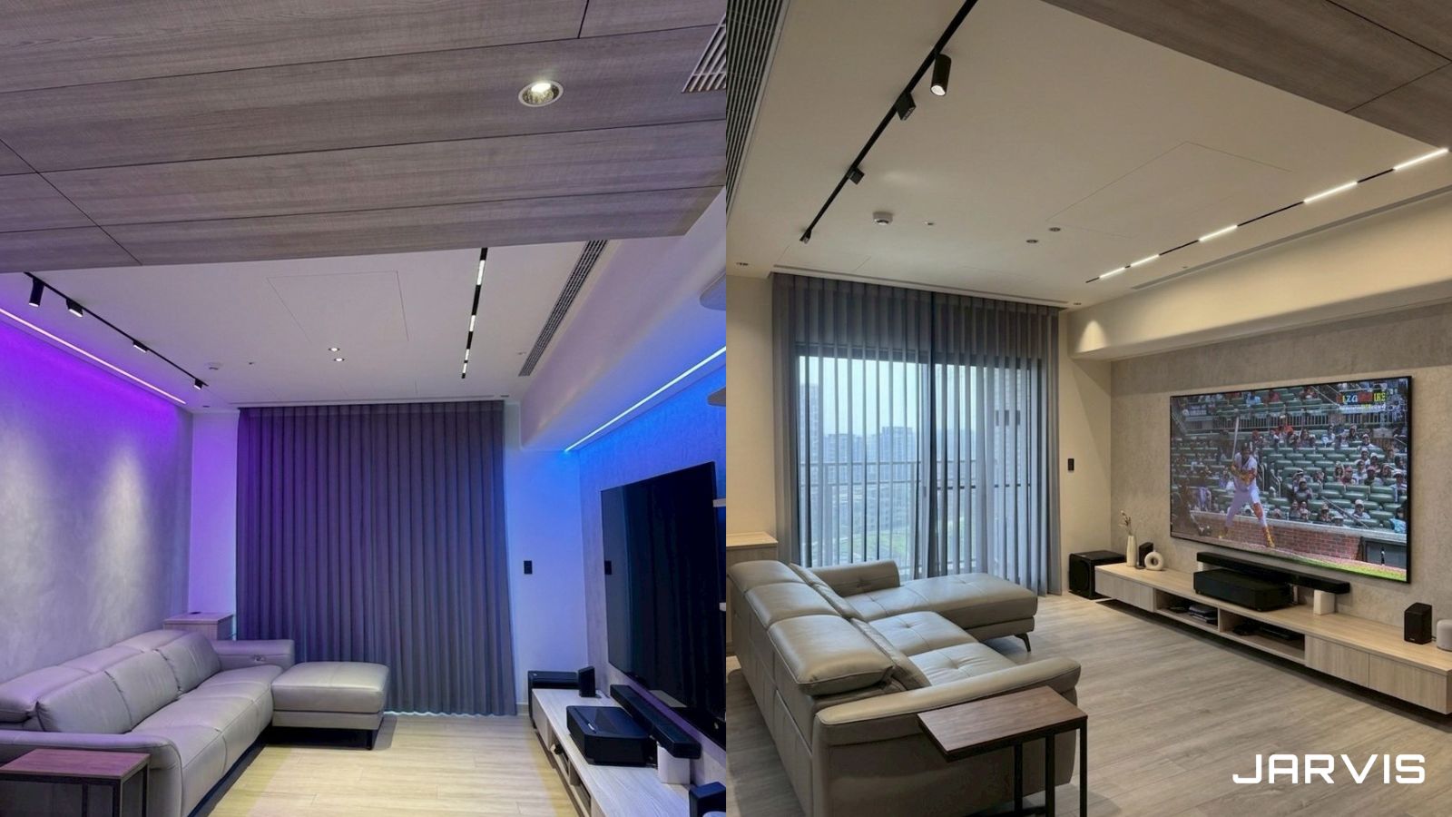 客廳職棒模式：RGB 燈條切換情境色彩，電視播放棒球賽事｜賈維斯科技 JARVIS