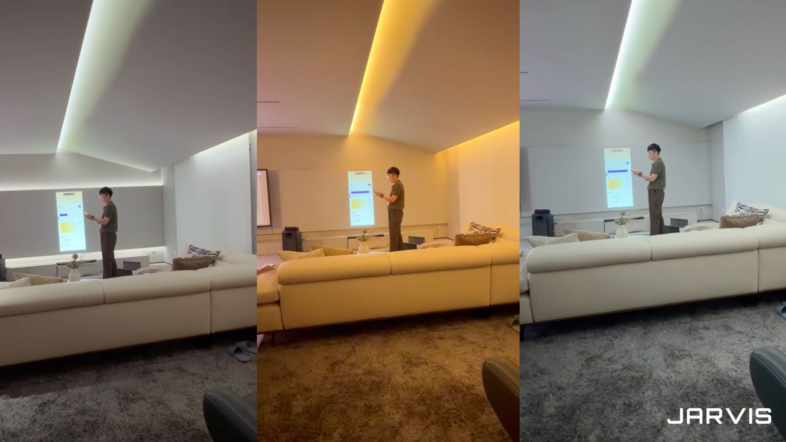 以手機 App 切換客廳燈光情境，同一個空間呈現三種色溫與亮度｜賈維斯科技 JARVIS