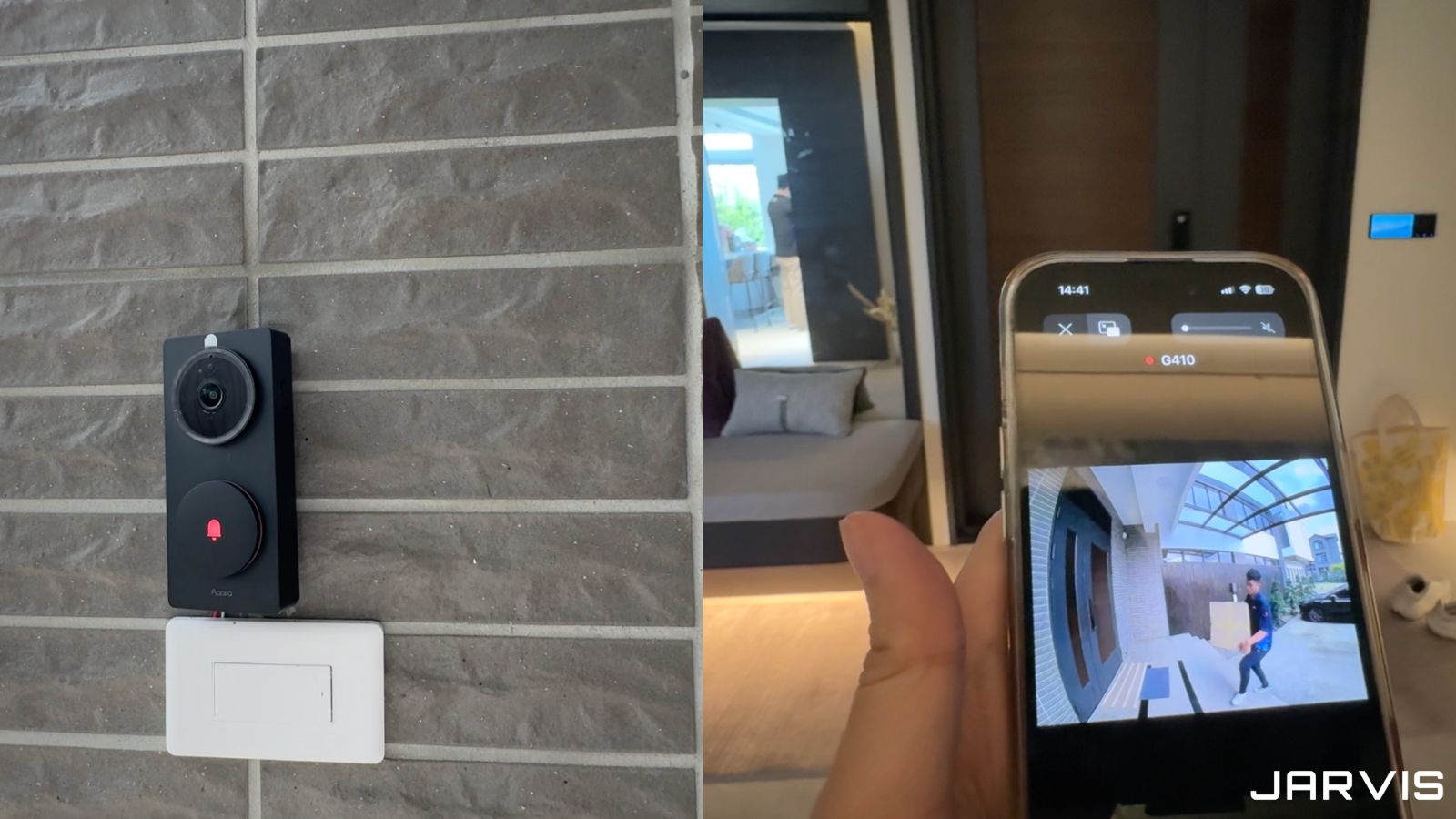 門口安裝的 Aqara G410 智能門鈴，手機同步收到訪客影像通知｜賈維斯科技 JARVIS