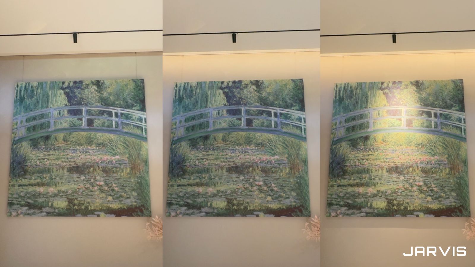 磁吸軌道燈依畫作展示需求調整角度，三種光線下的畫作呈現對比｜賈維斯科技 JARVIS