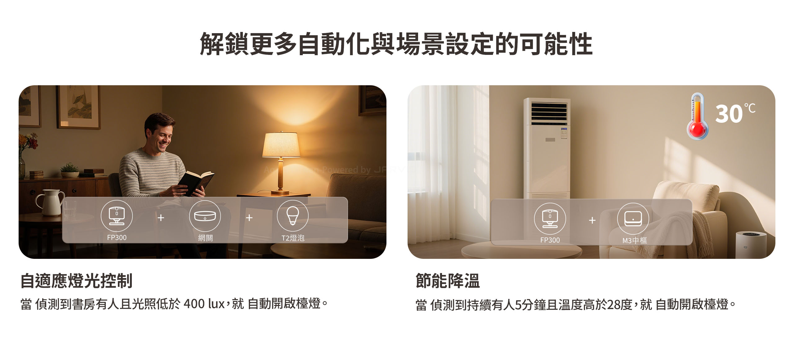 Aqara FP300 自動化情境 — 自適應燈光控制與節能降溫 搭配網關 T2 燈泡與 M3 中樞