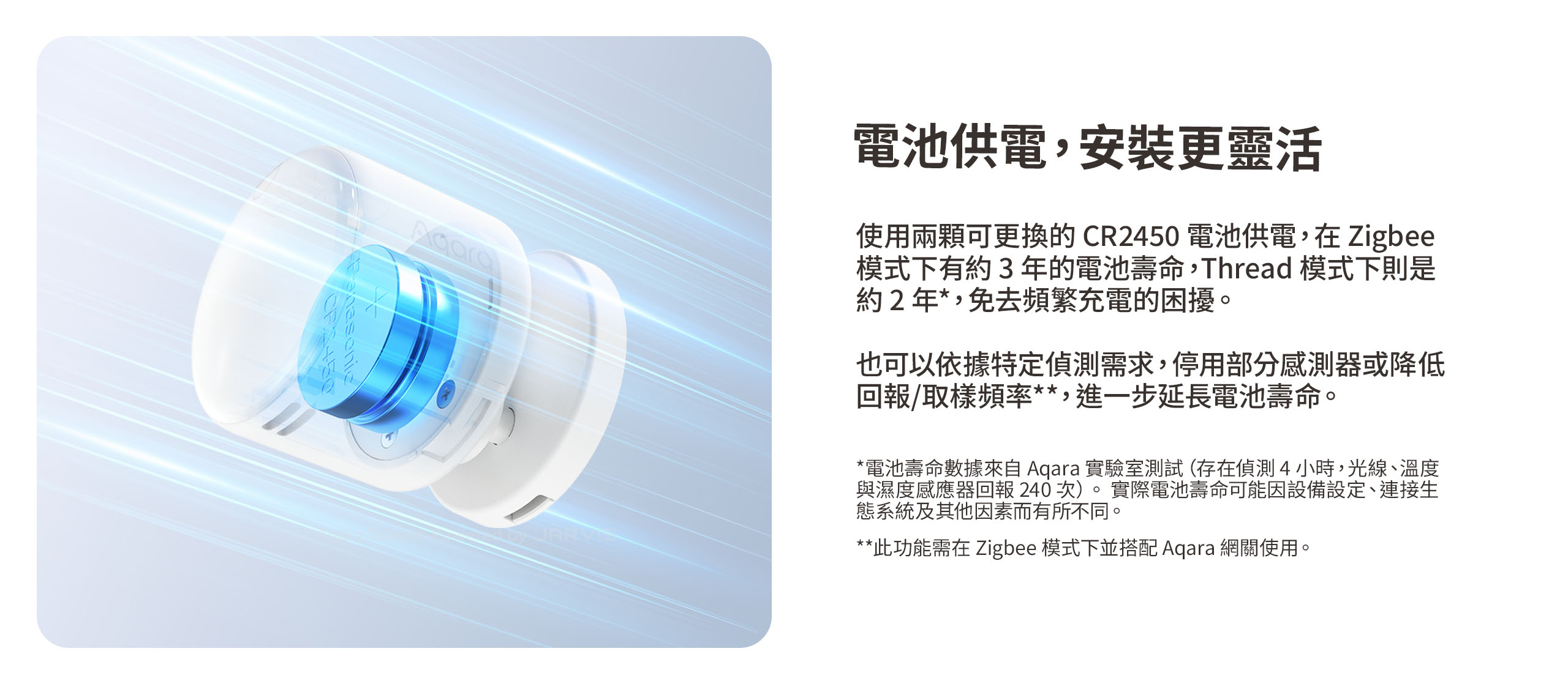 Aqara FP300 電池供電安裝更靈活 使用 CR2450 電池 Zigbee 模式約 3 年 Thread 模式約 2 年