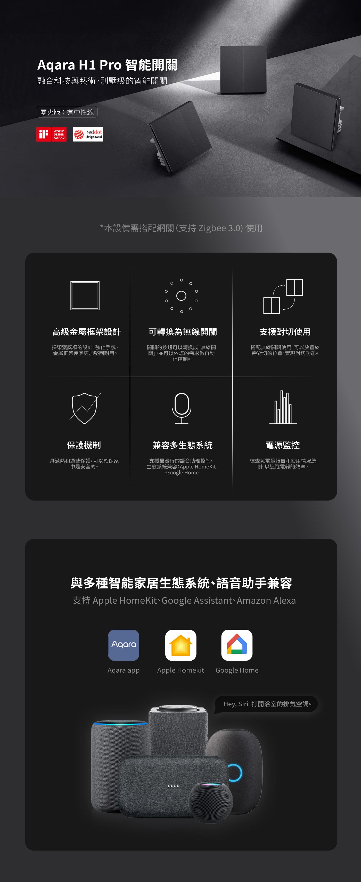 Aqara H1 Pro智能開關-零火版-星夜灰-雙鍵 產品介紹圖 1