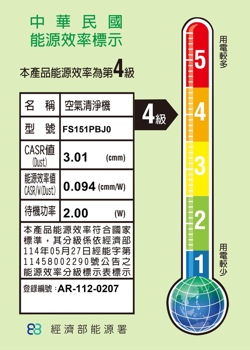 LG PuriCare™ AeroTower Hit 風革機-三合一涼暖系列清淨機 (經典版) (象牙白) (FS151PBJ0) 能源效率標示：型號  4 級，登錄編號 AR-112-0207