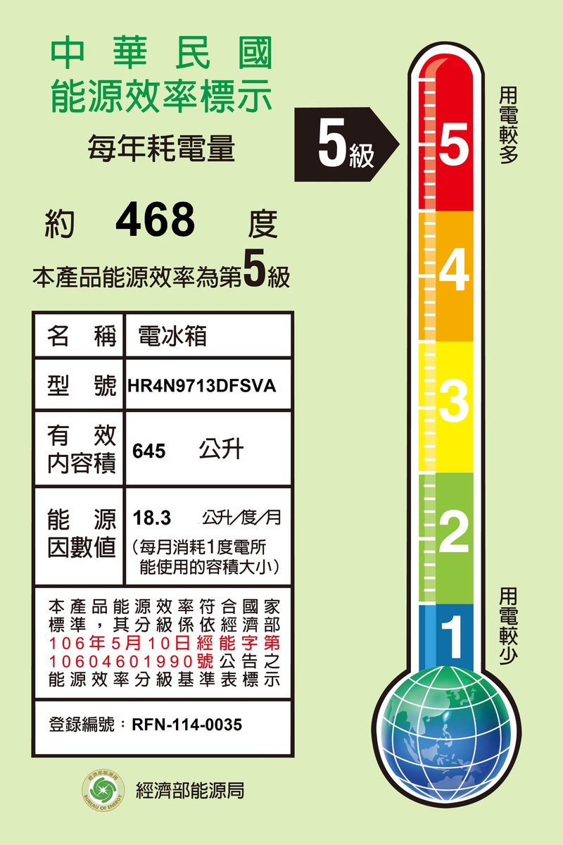 HITACHI 日立 645L VIP 真空斷熱 四門十字對開冰箱 (HR4N9713DFSVA 琉璃黑) 能源效率標示：型號  5 級，登錄編號 RFN-114-0035