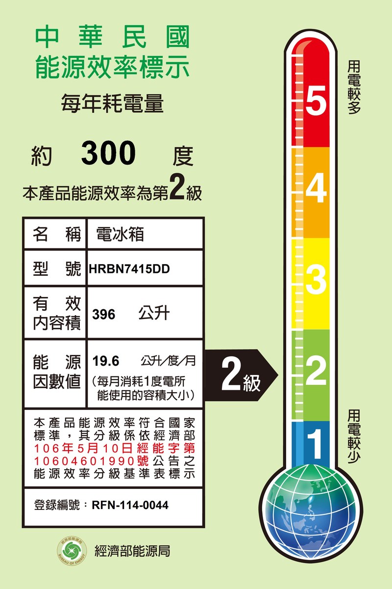 HITACHI 日立 396L 變頻雙循環下冷凍冰箱 (HRBN7415DD 鈦墨灰) 能源效率標示：型號  2 級，登錄編號 RFN-114-0044