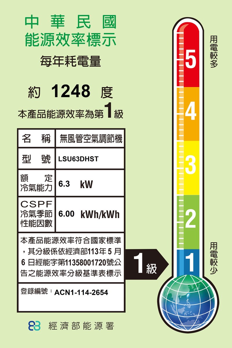 LG DUALCOOL™ 雙迴轉變頻分離式空調｜極淨2.0冷暖｜7-10坪 (LS-63DDHST/LSU63DHST) 能源效率標示：型號  1 級，登錄編號 ACN1-114-2654