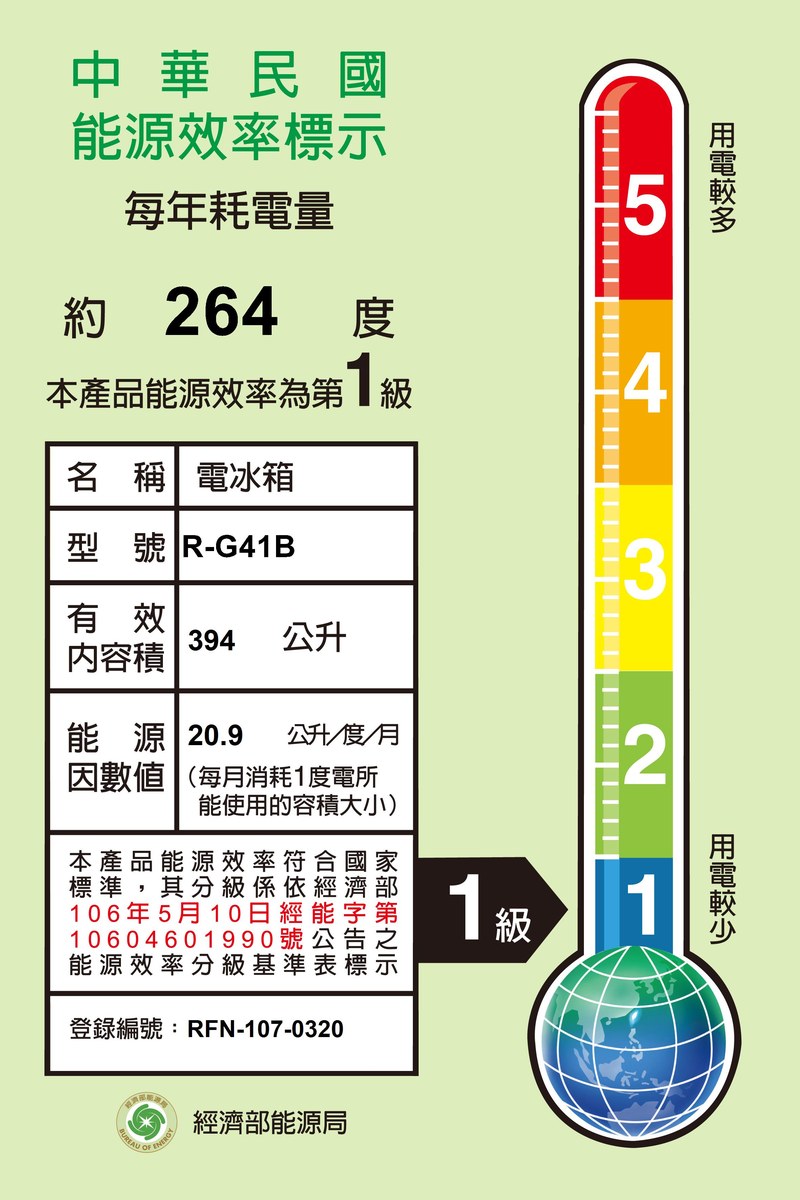 HITACHI 日立 394L Solfege 質感琉璃 三門變頻冰箱 (R-G41B 琉璃白 右開) 能源效率標示：型號 R-G41B，能源效率第 1 級，登錄編號 RFN-107-0320