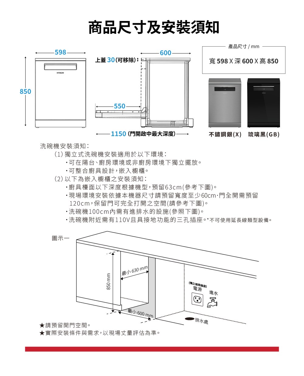 HDFF168CV 商品尺寸及安裝須知圖（含 X 不鏽鋼銀／GB 琉璃黑）